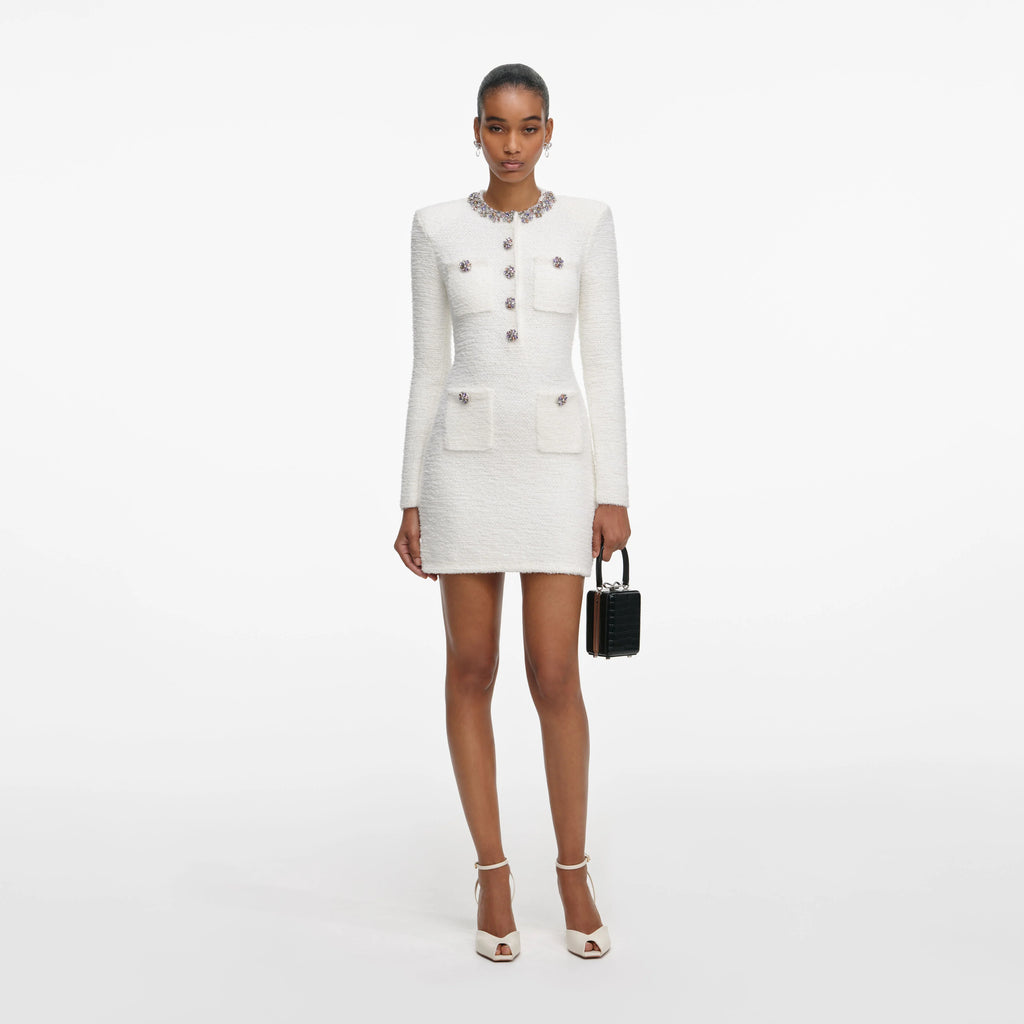 Cream Crystal Trim Knit Mini Dress