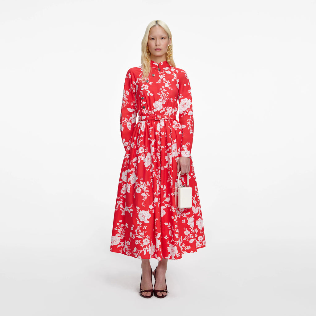 Red Floral Cotton Midi Dress