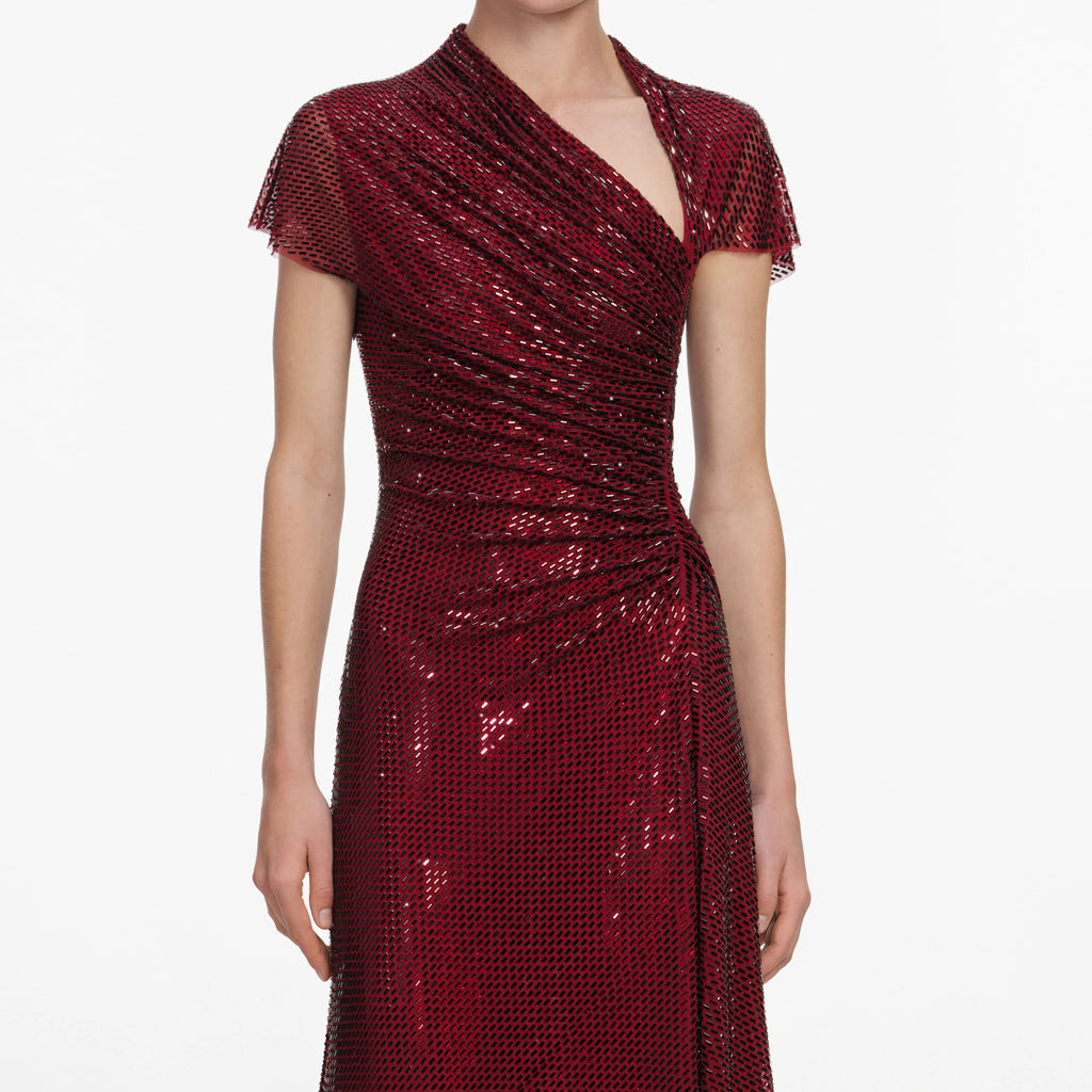 Red Rhinestone Drape Midi Dress