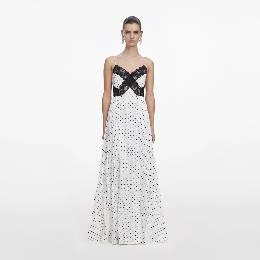White Polka Dot Satin Lace Maxi Dress
