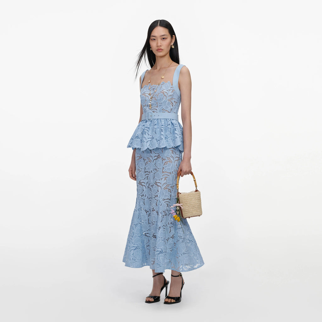 Blue Lace Peplum Midi Dress
