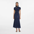 Navy Rhinestone Mesh Cut Out Midi Dress