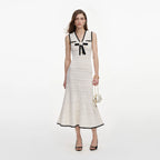 White Pointelle Knit Bow Midi Dress
