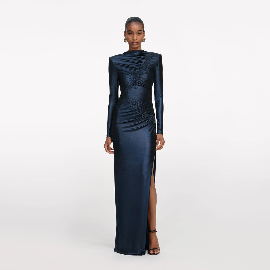 Navy Metallic Gathered Maxi Dress