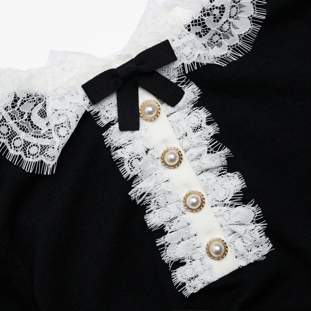 Black Knit Lace Collar Top