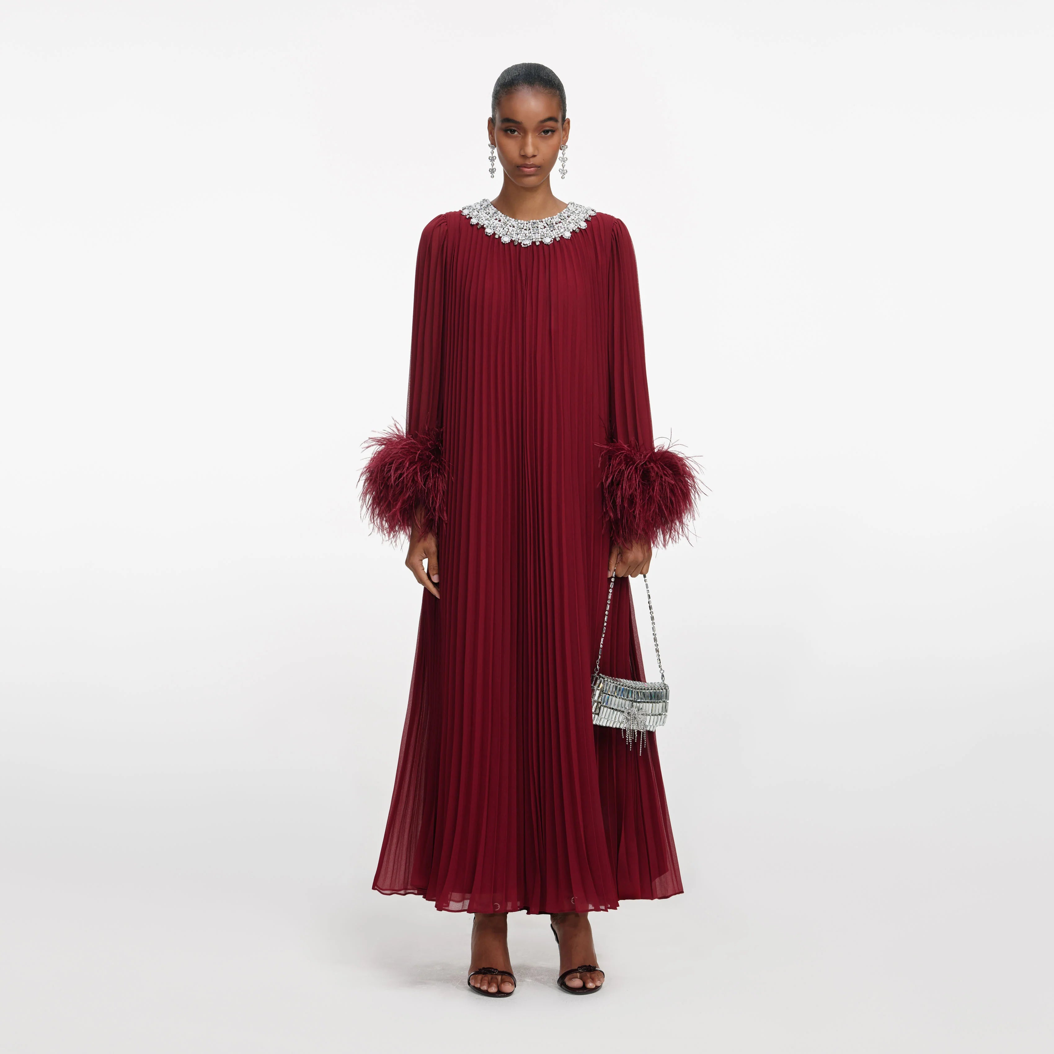 Burgundy Chiffon Feather Midi Dress