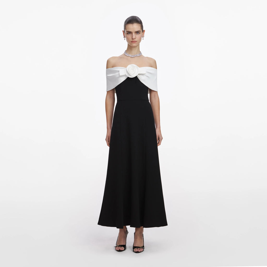 Black Crepe Flower Midi Dress