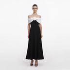 Black Crepe Flower Midi Dress