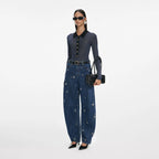 Blue Embellished Barrel Leg Jeans