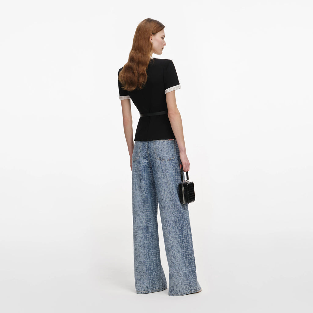 Black Crepe Contrast Frill Top