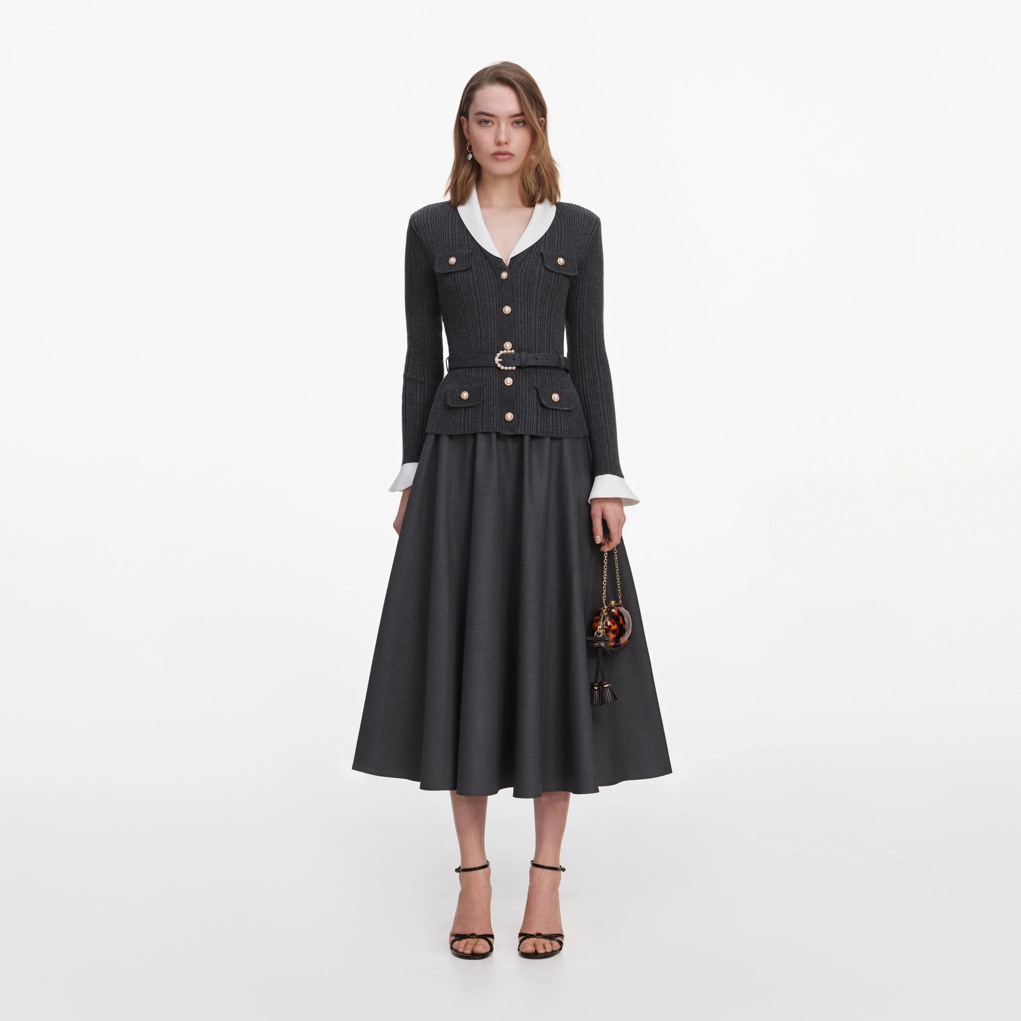 Grey Knit Twill Midi Dress