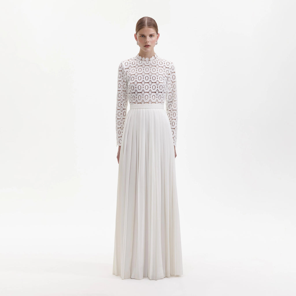 Pleated Crochet Floral Maxi Dress