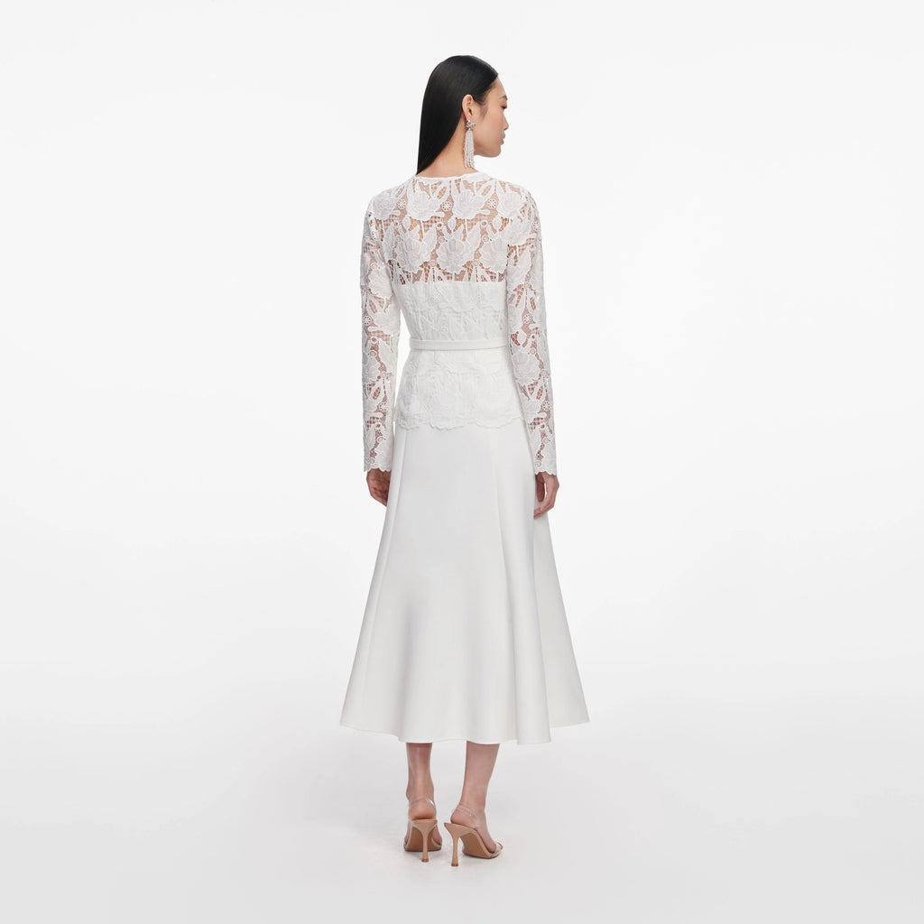 White Lace Crepe Midi Dress