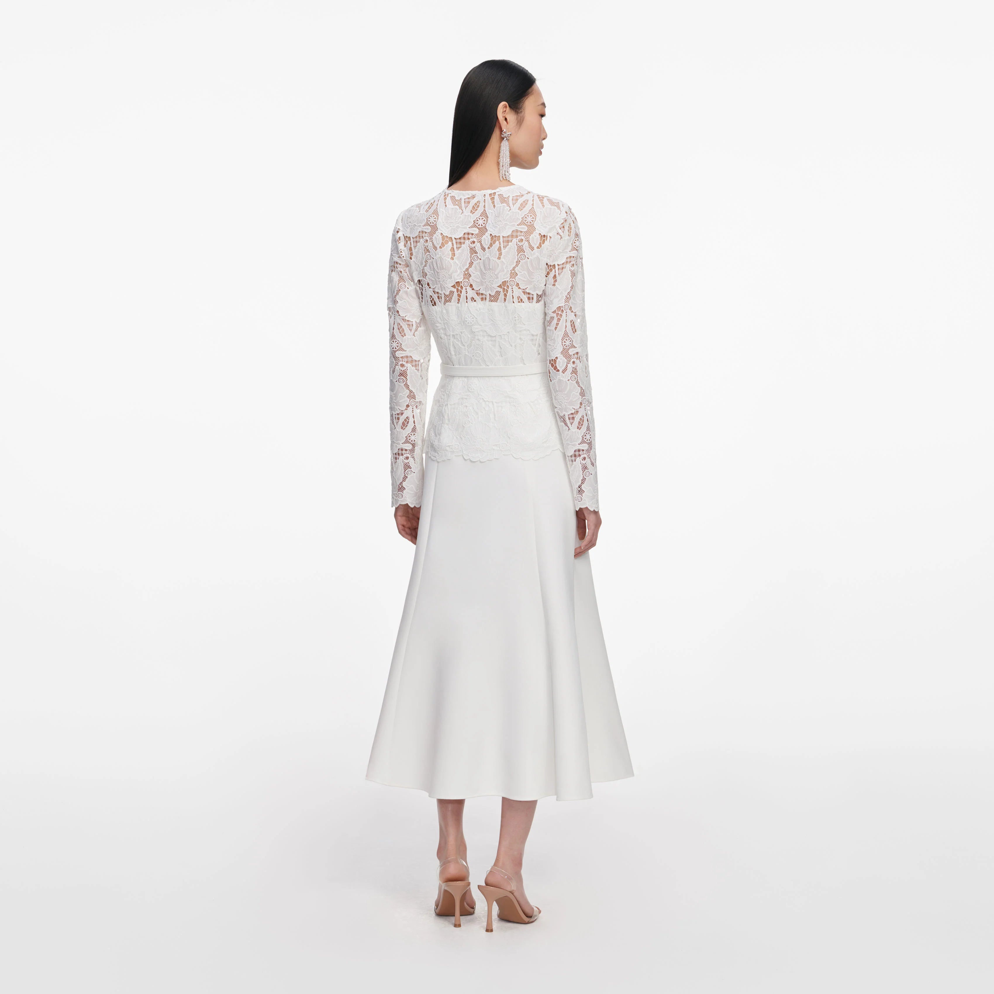 White Lace Crepe Midi Dress