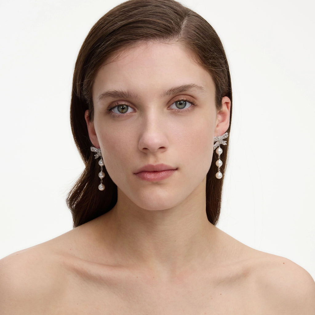 Crystal Bow Pearl Droplet Earrings