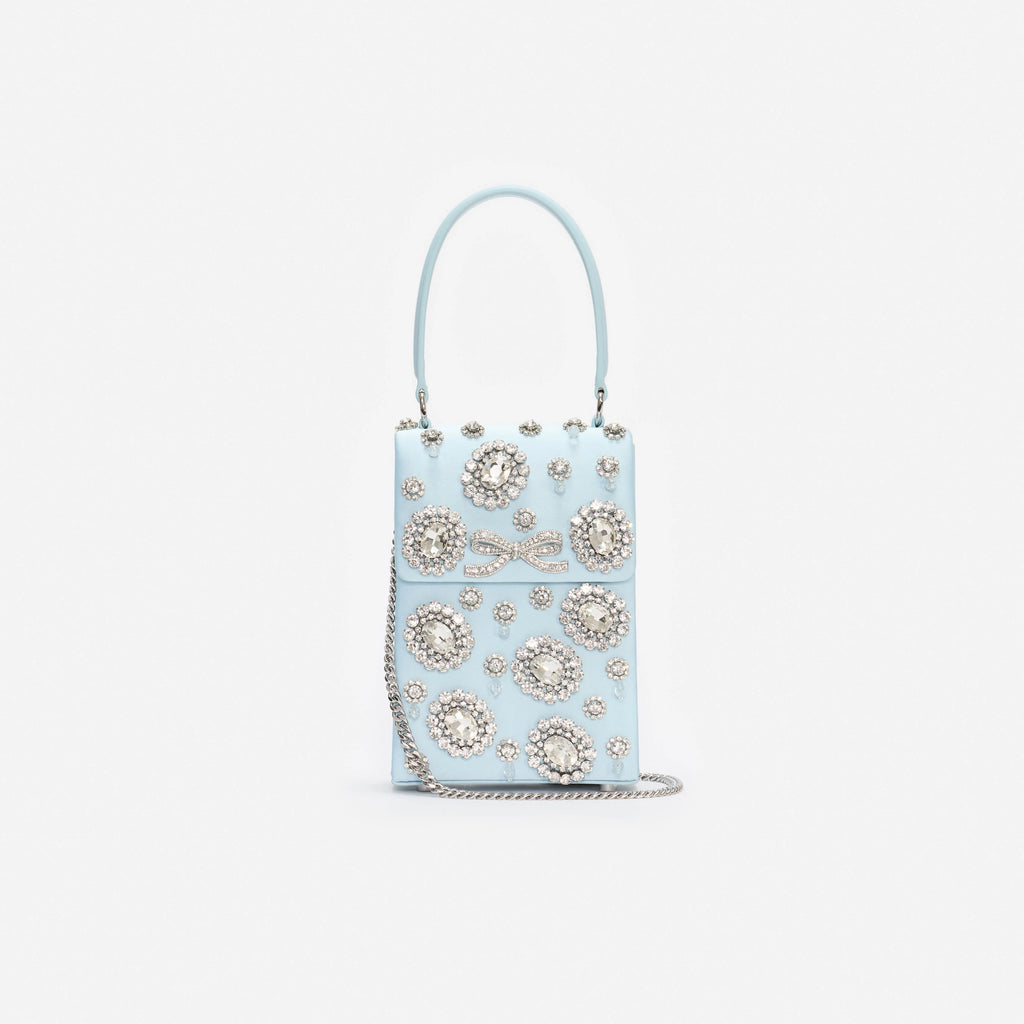 Blue Satin Crystal Mini Bow Bag