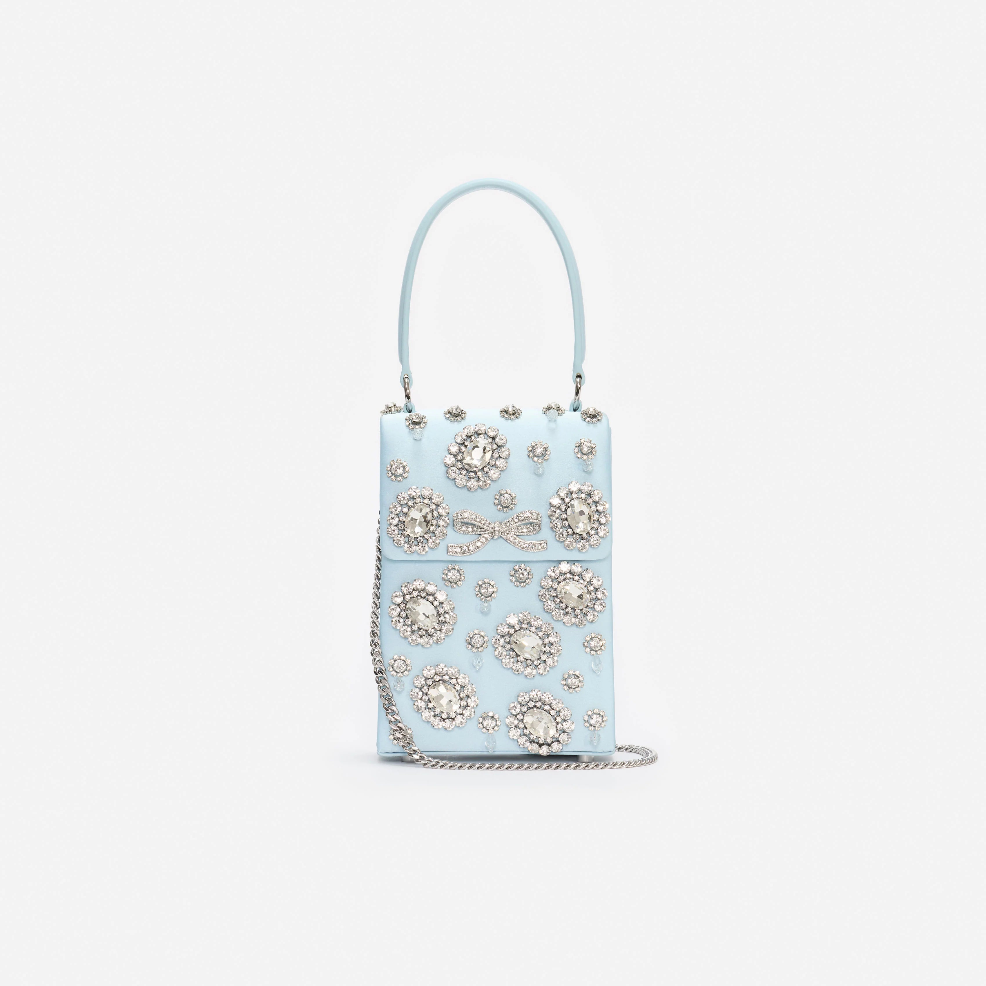 Blue Satin Crystal Mini Bow Bag