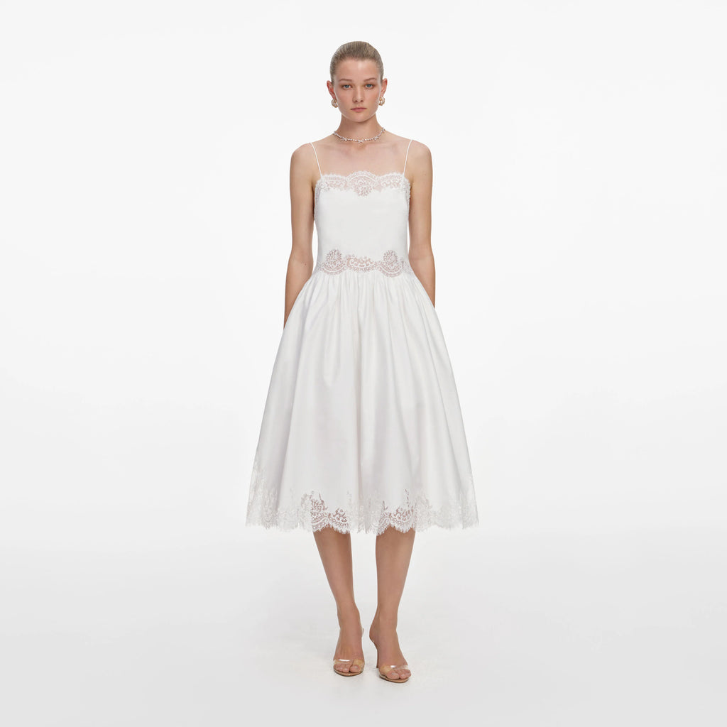 White Cotton Lace Trim Midi Dress