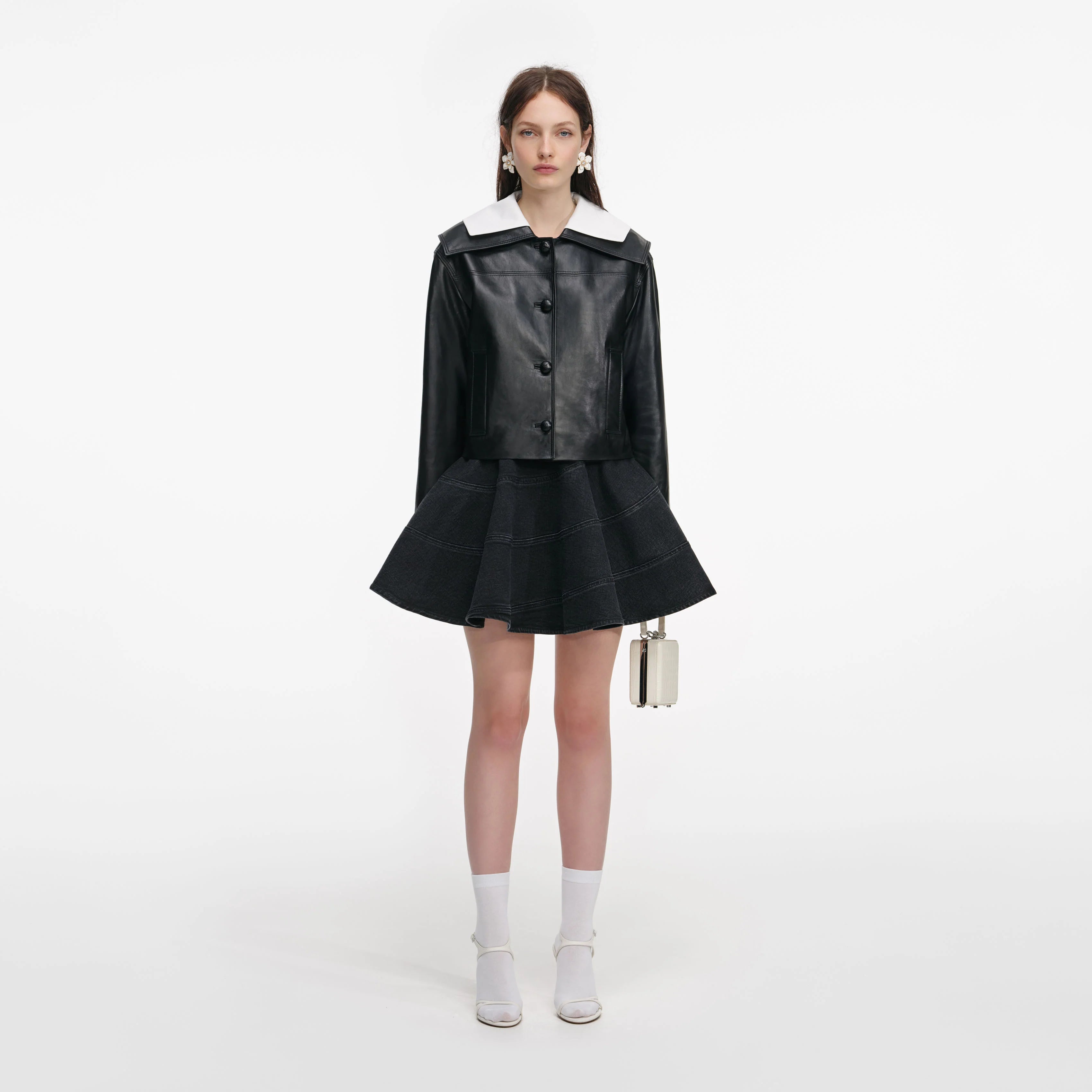 Black Leather Contrast Collar Jacket