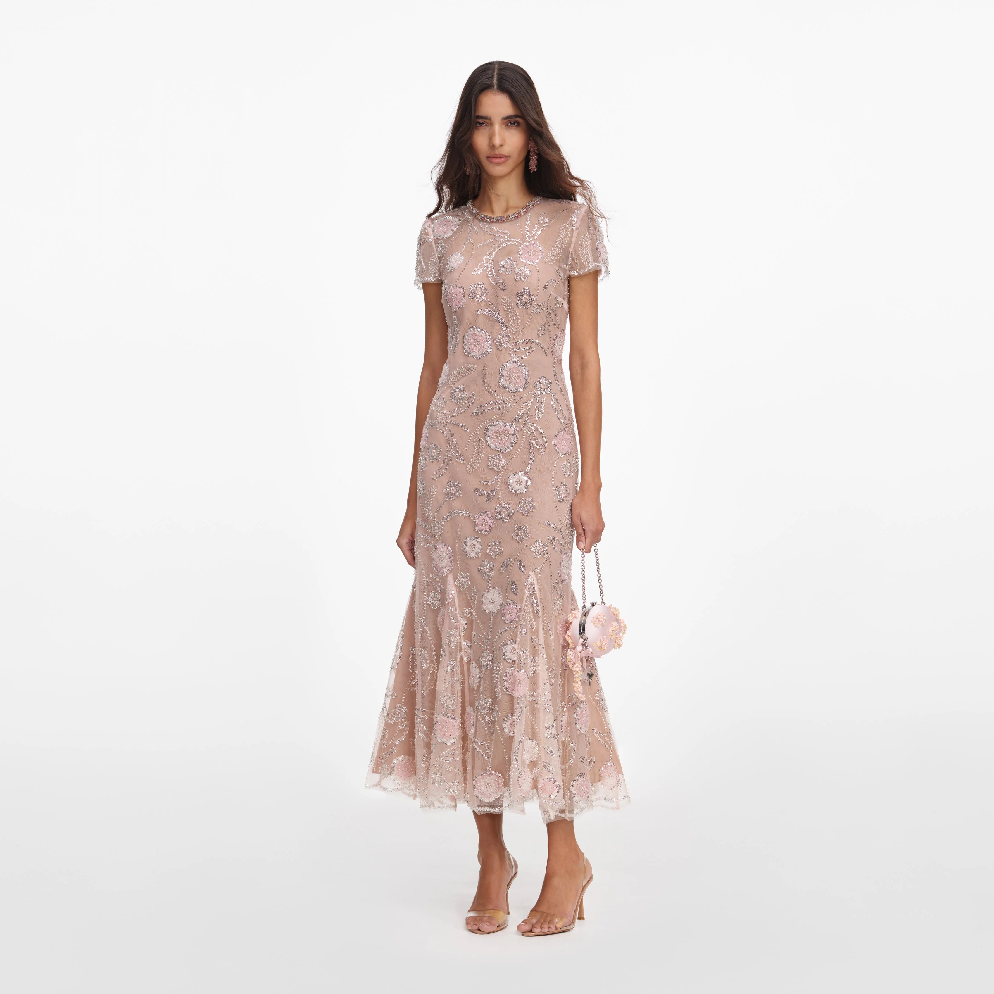 Pink Flower Sequin Embellished Midi Dress