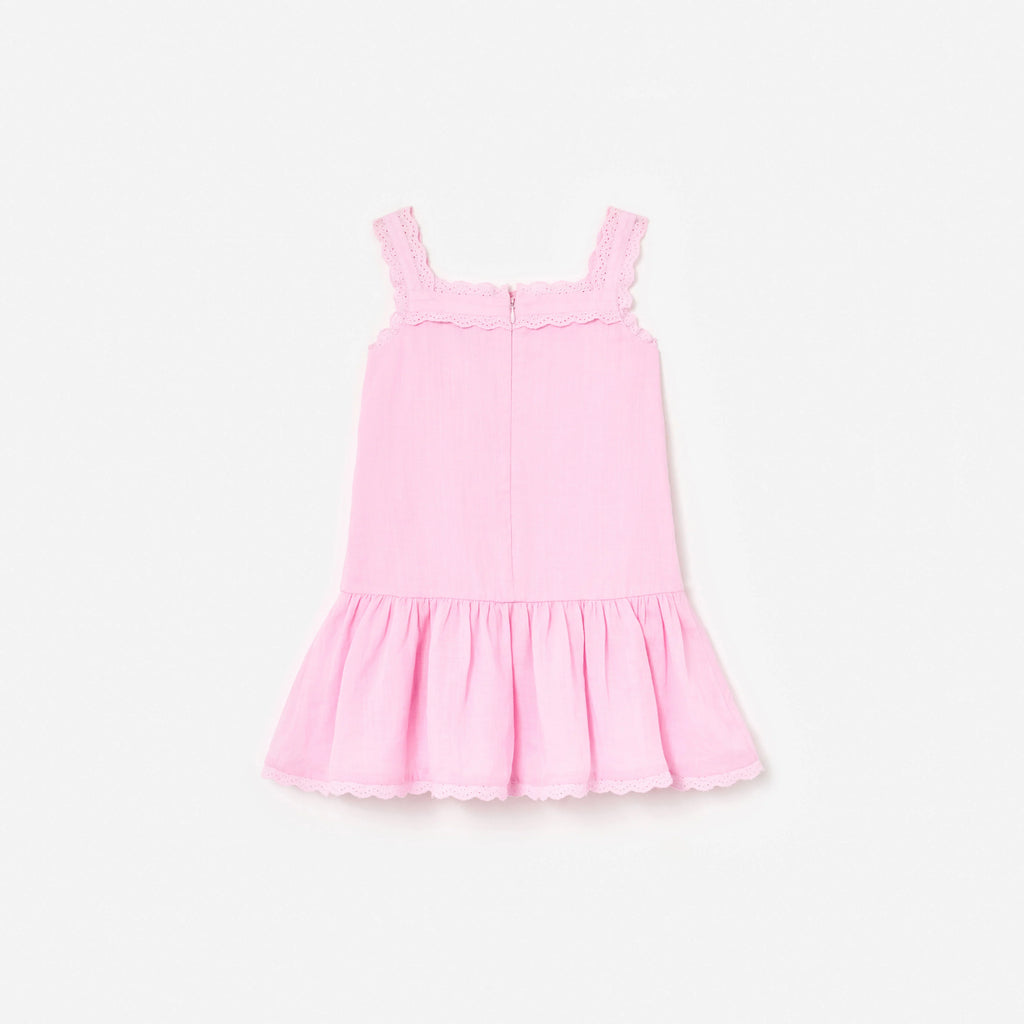 Pink Ramie Flower Embroidered Dress