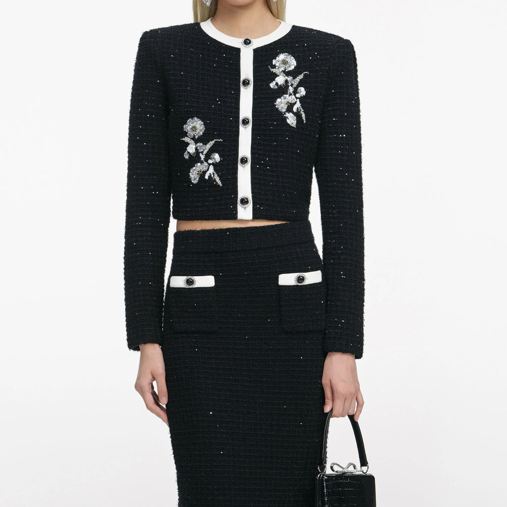 Black Floral Textured Knit Jacket