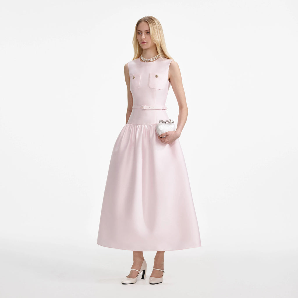 Pink Taffeta Belted Midi Dress