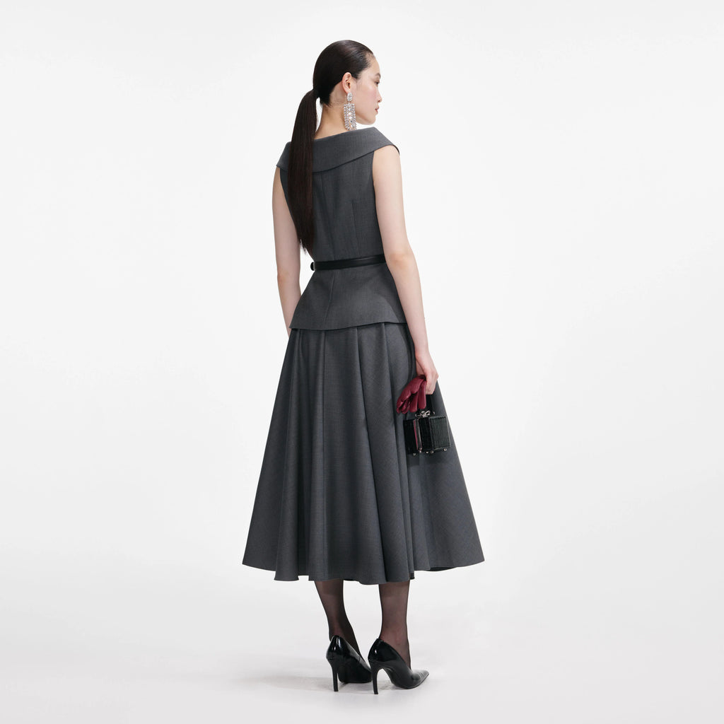 Grey Wool Tailored Midi Dress