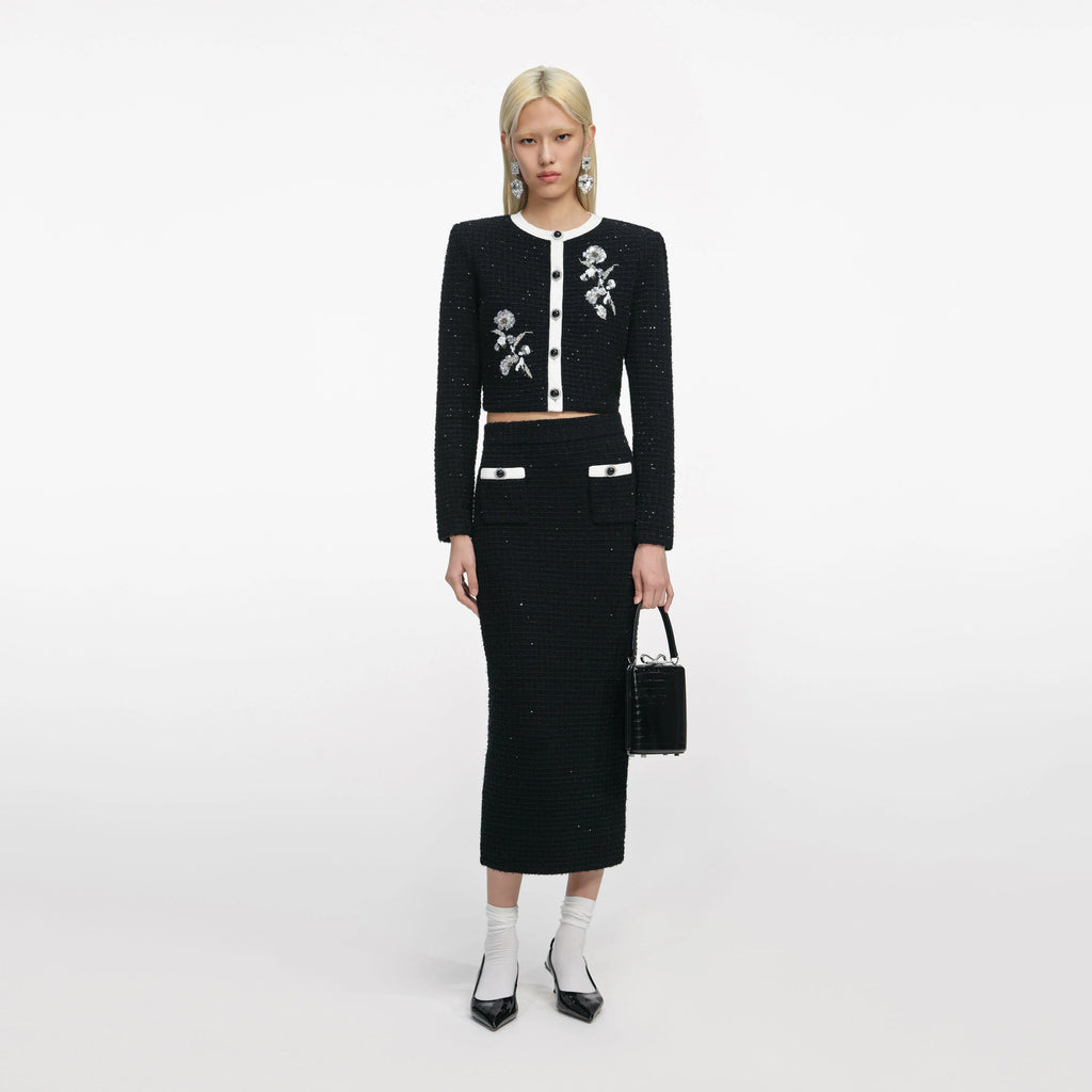 Black Textured Knit Midi Skirt