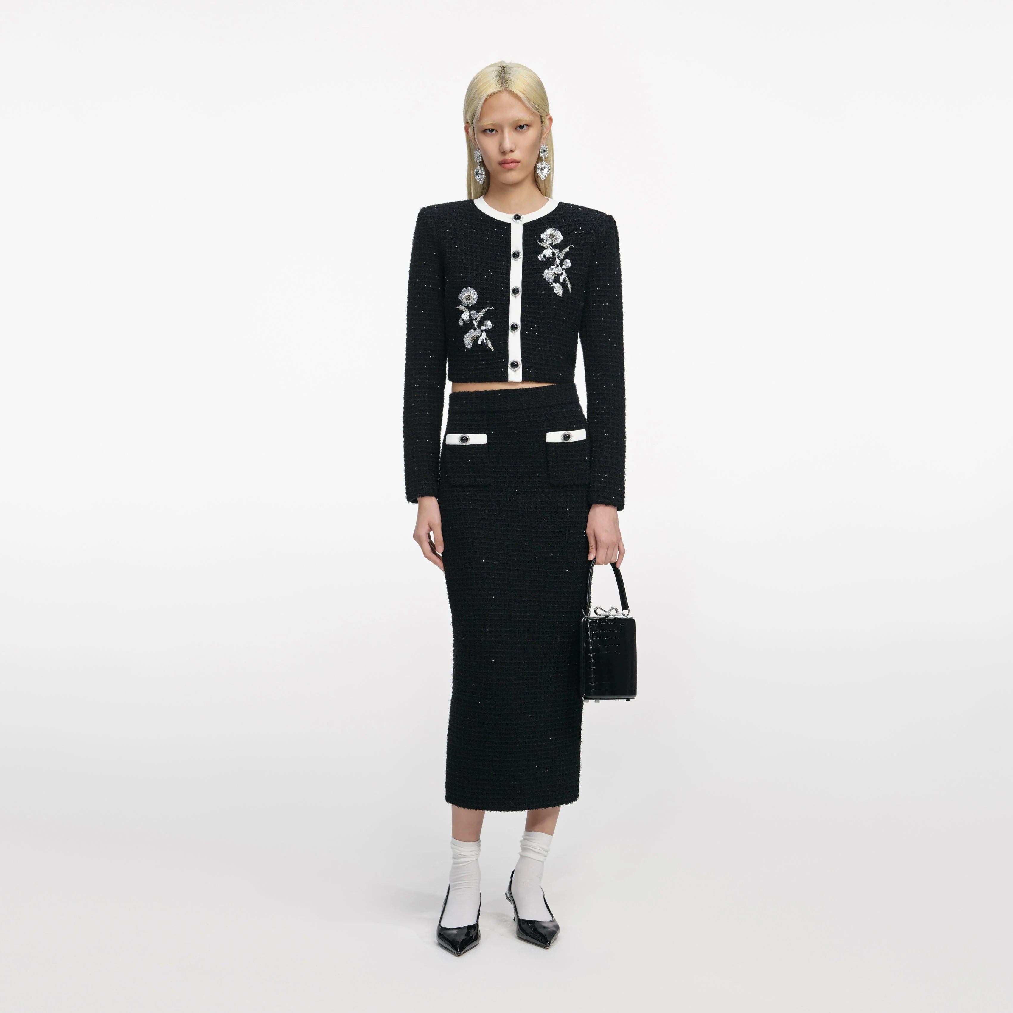 Black Textured Knit Midi Skirt