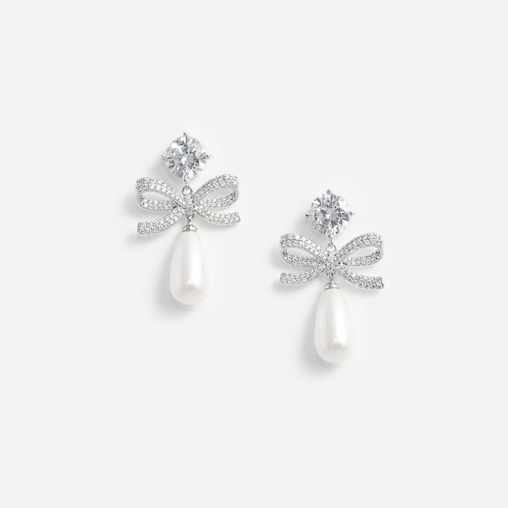 Crystal Bow Pearl Tiered Earrings