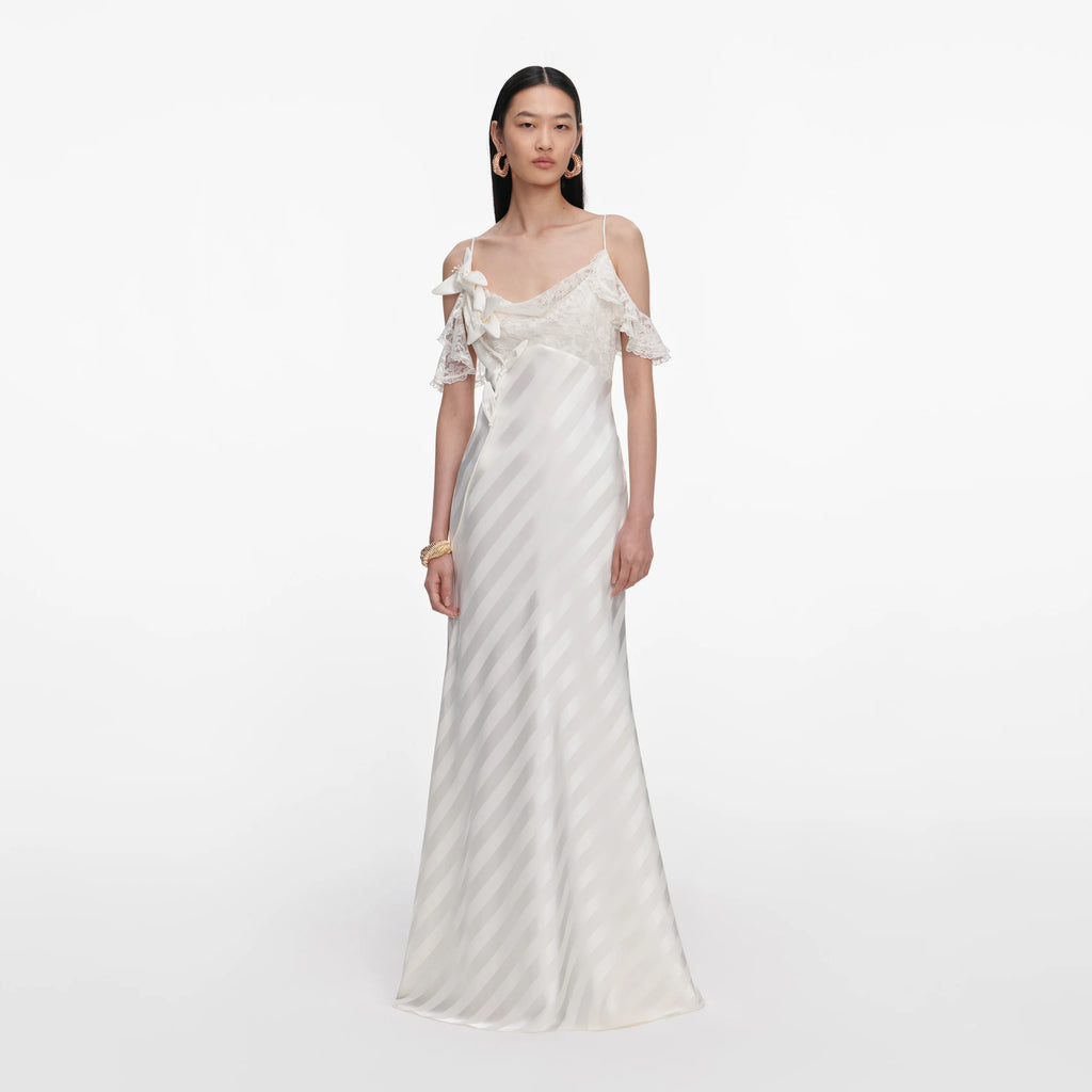 Cream Satin Striped Maxi Dress