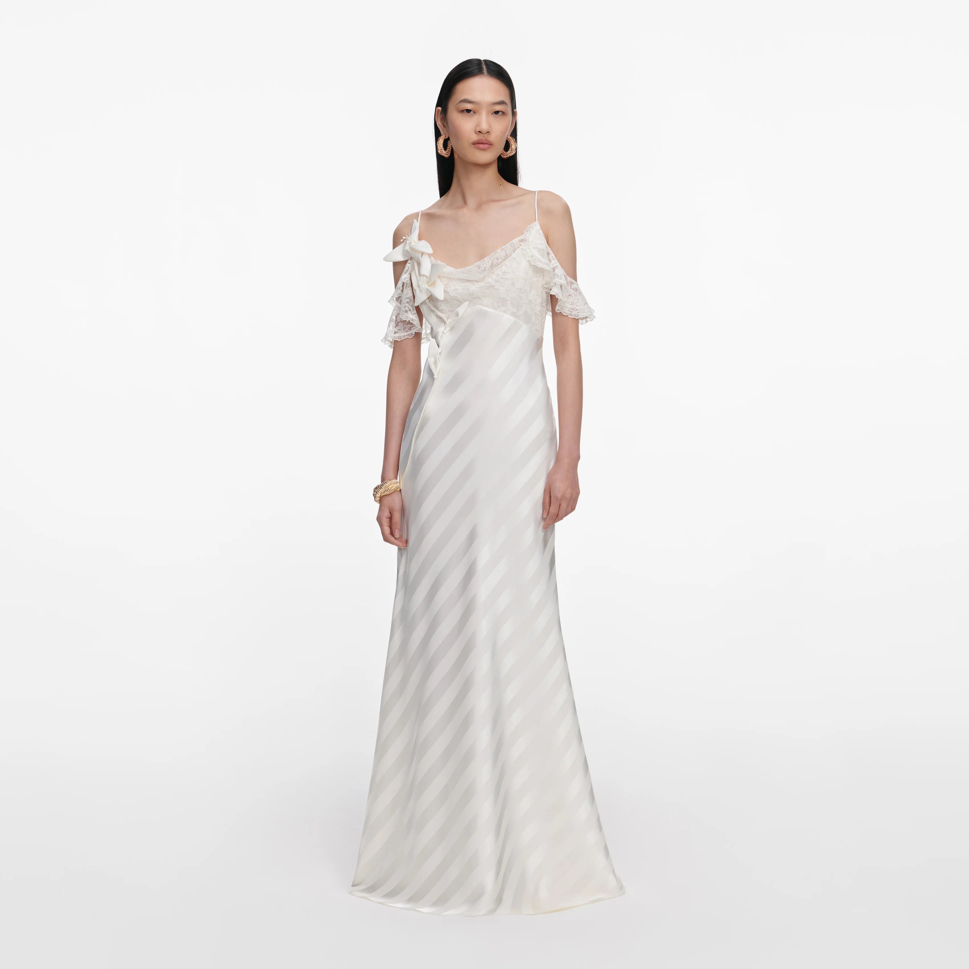 Cream Satin Striped Maxi Dress