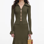 Khaki Knit Midi Skirt