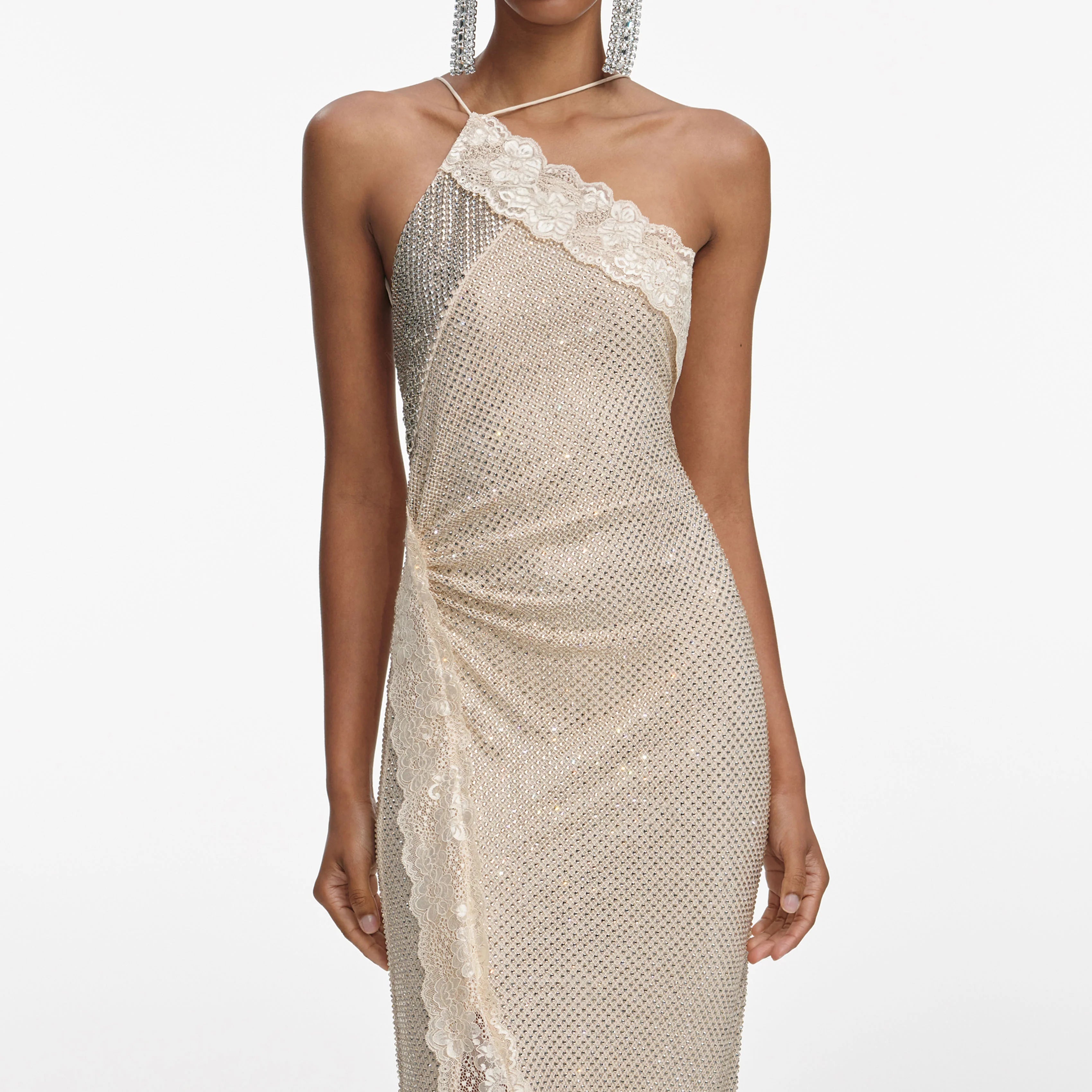 Champagne Rhinestone Lace Trim Maxi Dress