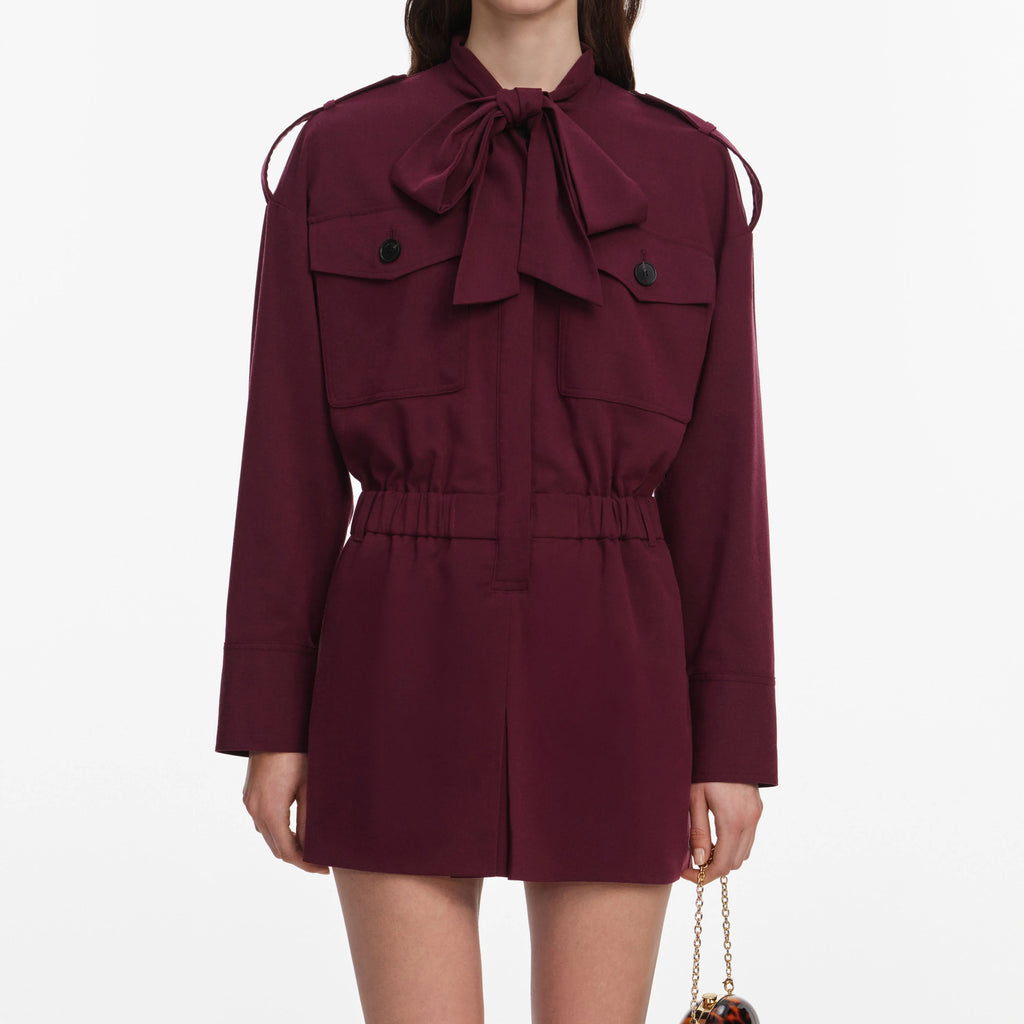 Plum Twill Tie Neck Playsuit