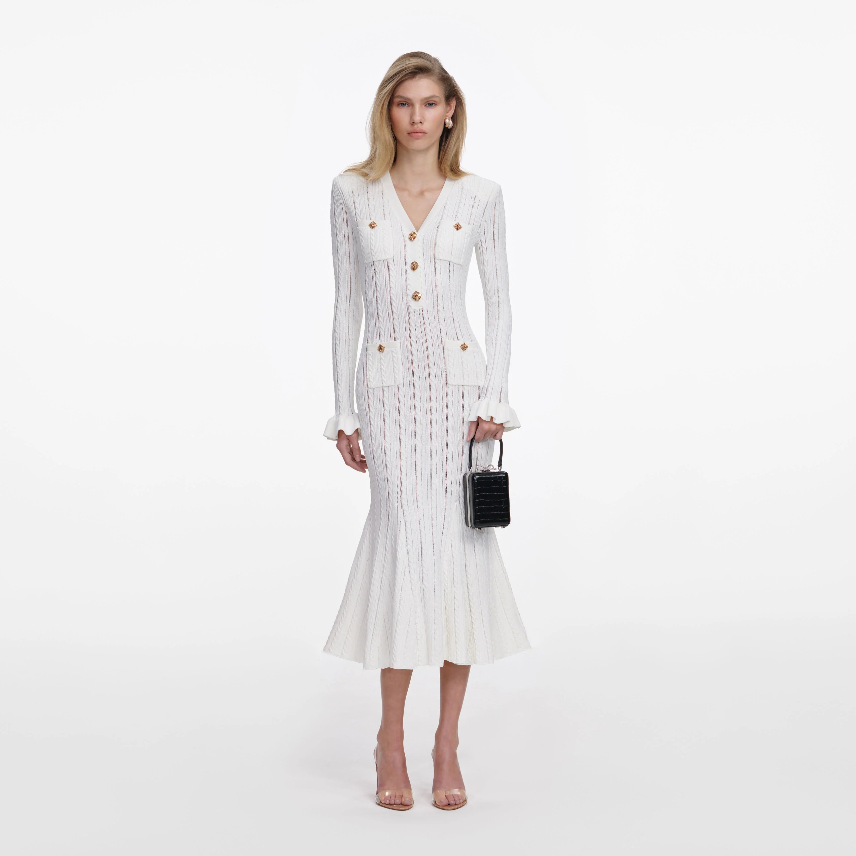 White Pointelle Knit Midi Dress