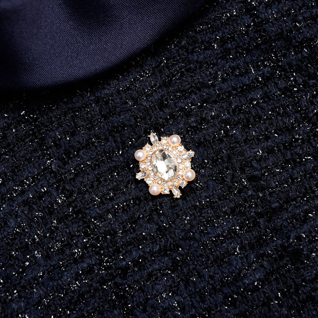 Navy Metallic Boucle Taffeta Midi Dress