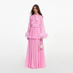 Pink Georgette Feather Cuff Maxi Dress