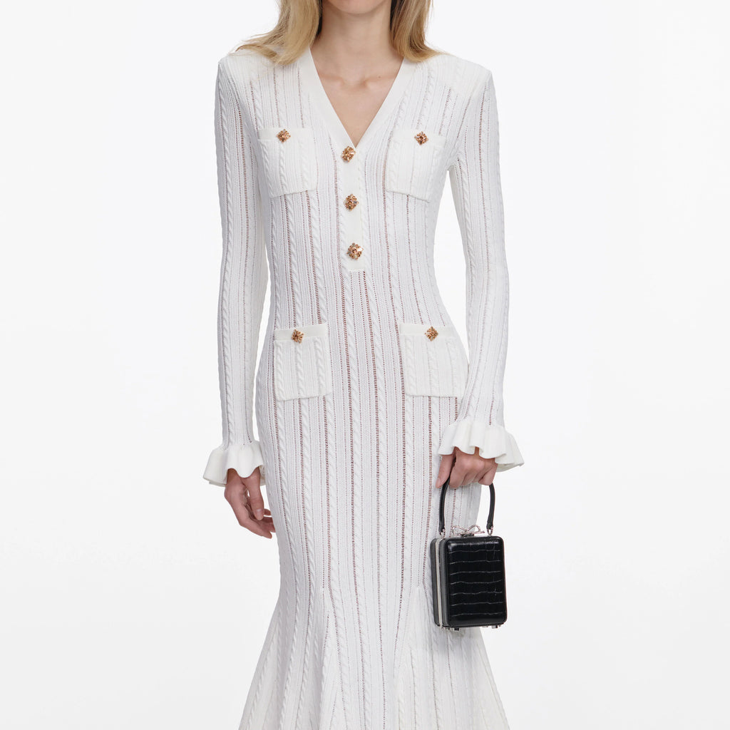 White Pointelle Knit Midi Dress