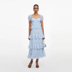 Blue Chiffon Short Sleeve Midi Dress