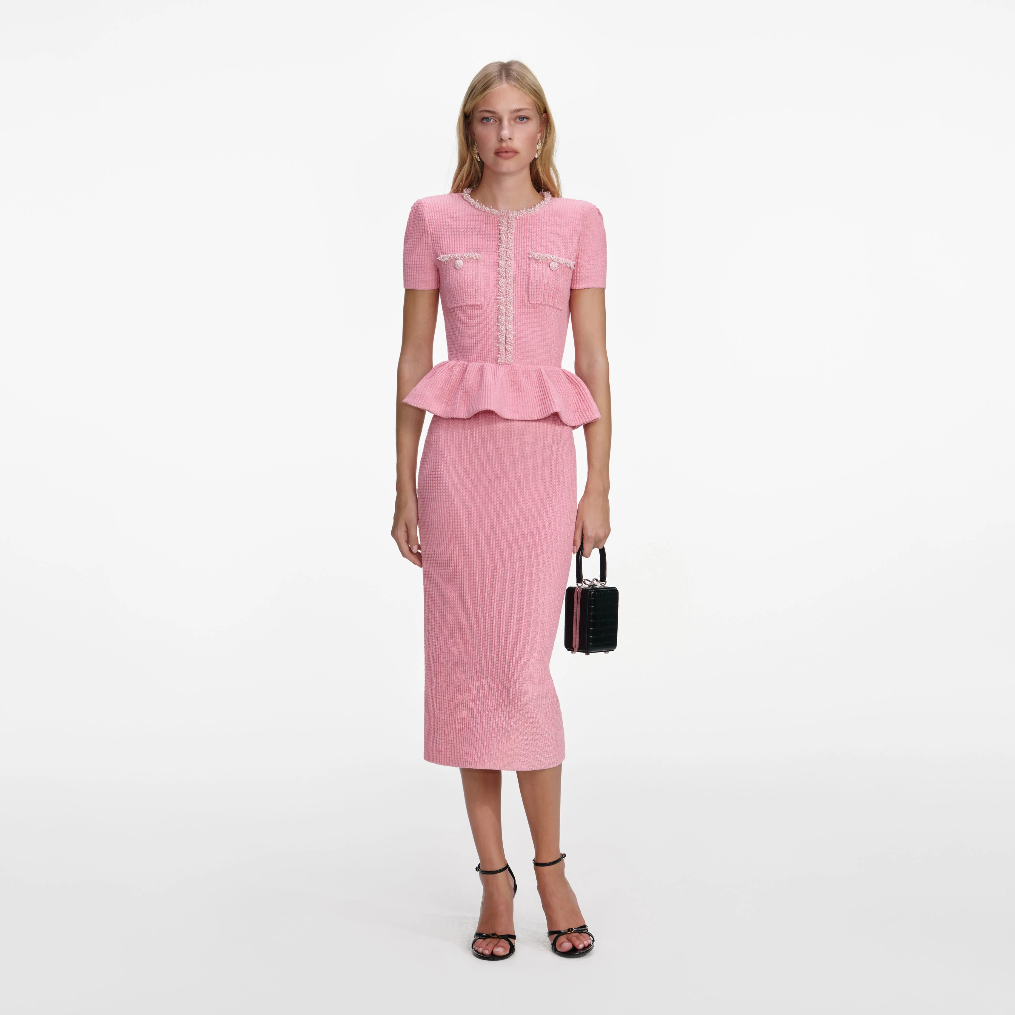 Pink Peplum Knit Midi Dress