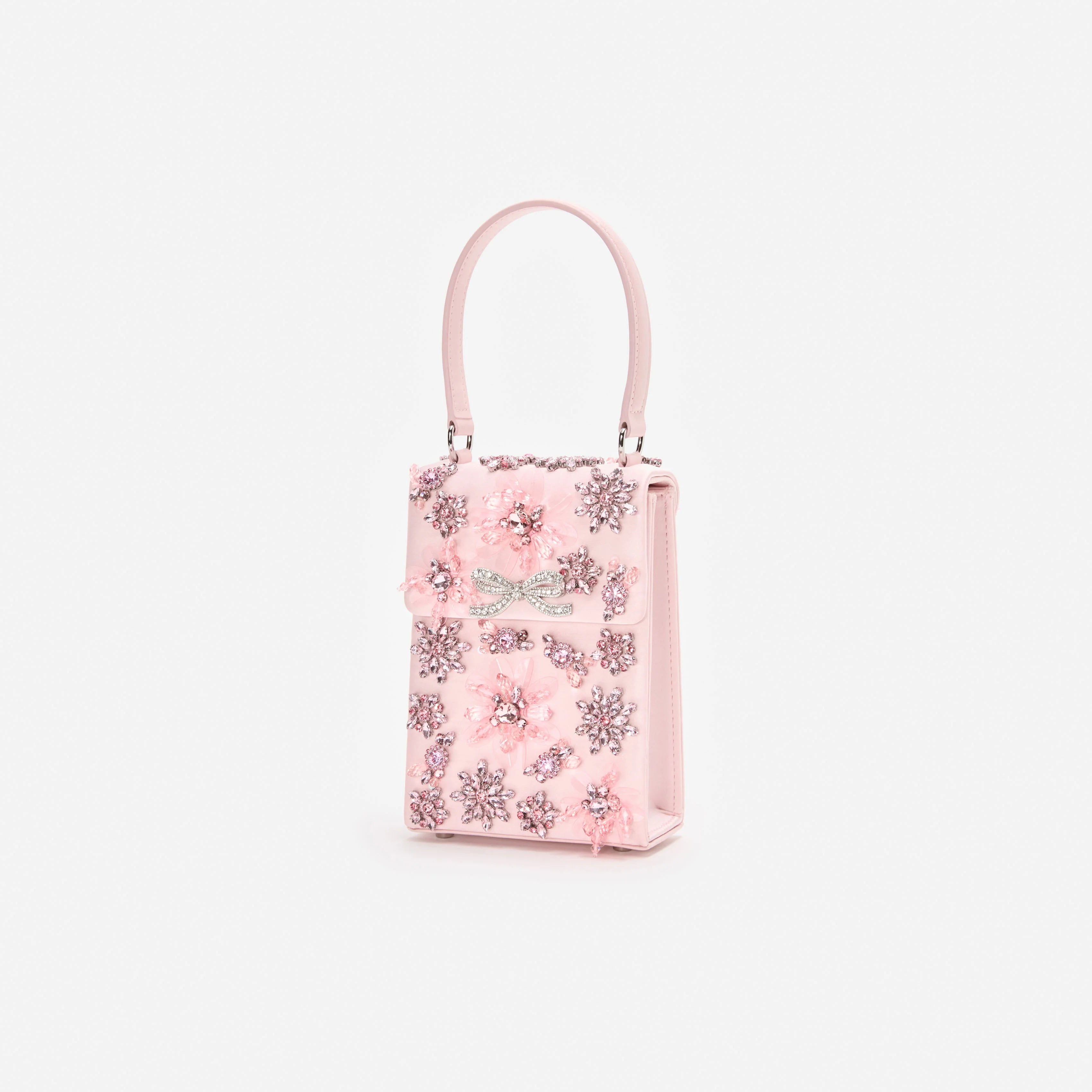 Pink Satin Floral Crystal Mini Bag