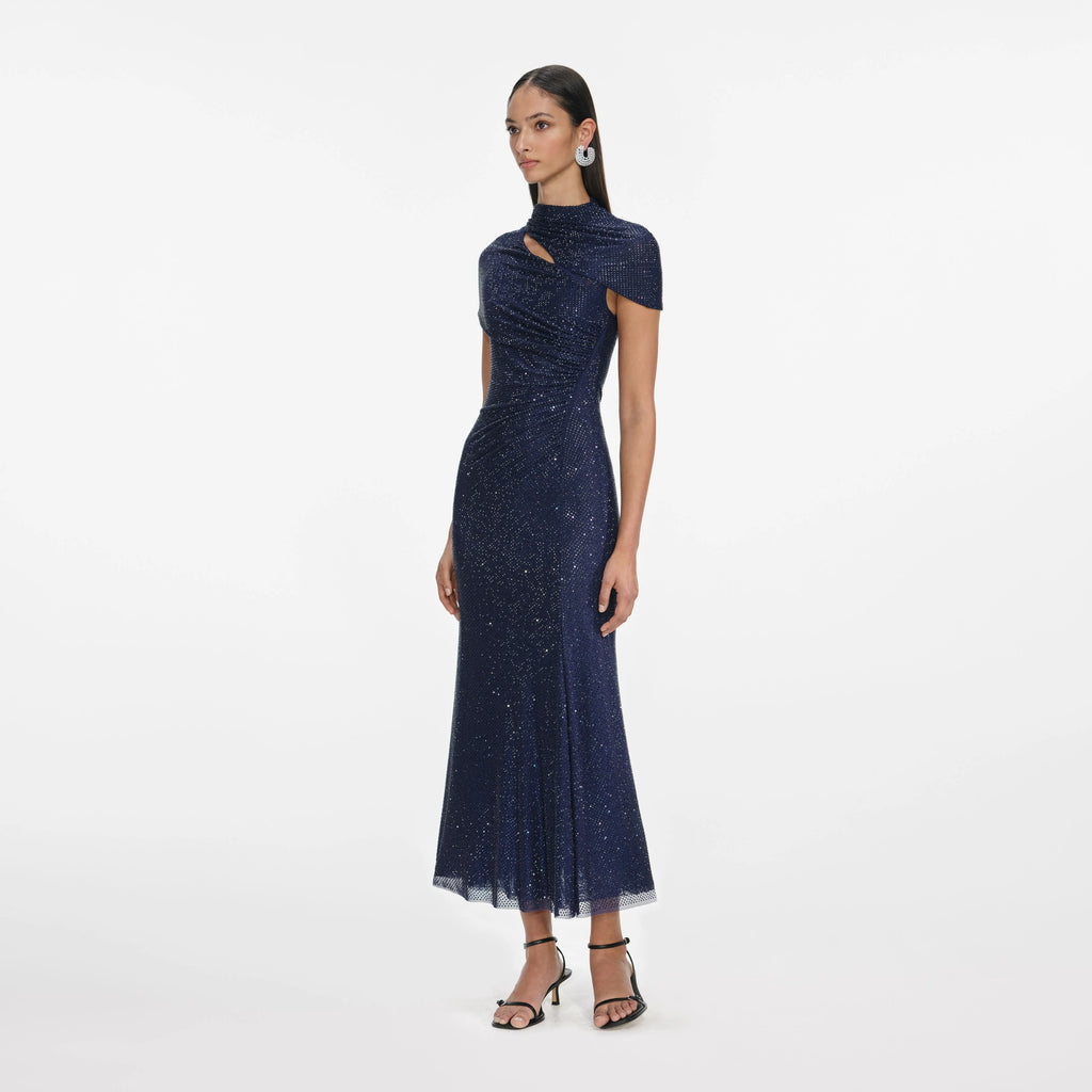 Navy Rhinestone Mesh Cut Out Midi Dress