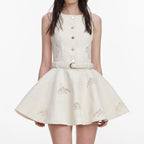 Cream Broderie Denim Sleeveless Mini Dress