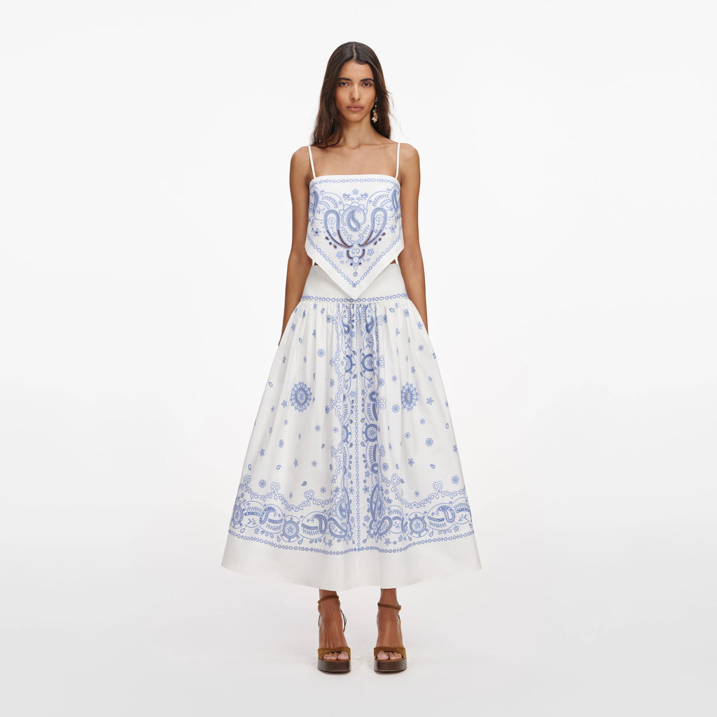 White And Blue Embroidered Midi Skirt