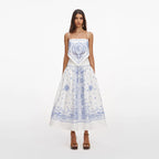 White And Blue Embroidered Midi Skirt