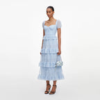 Blue Chiffon Short Sleeve Midi Dress