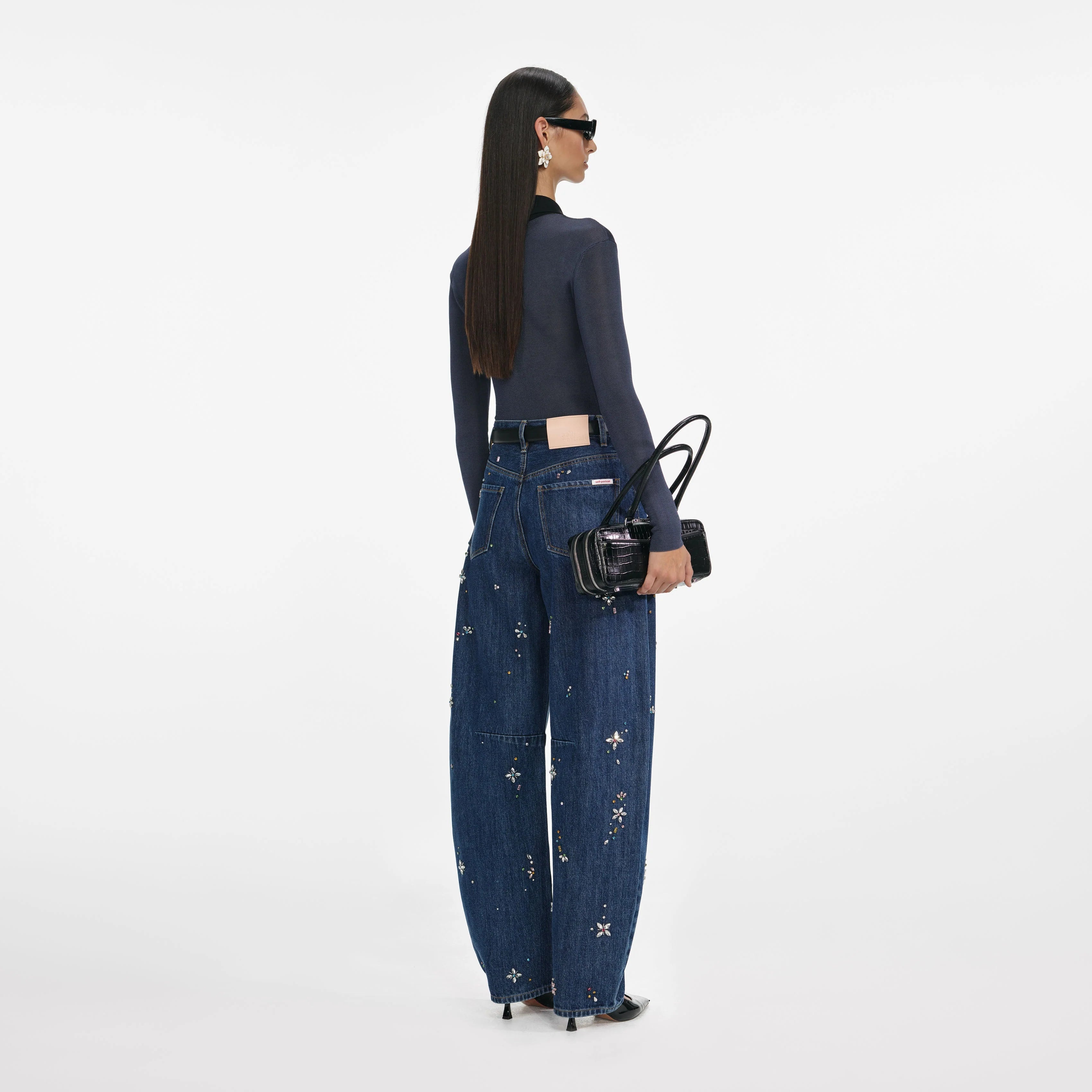 Blue Embellished Barrel Leg Jeans