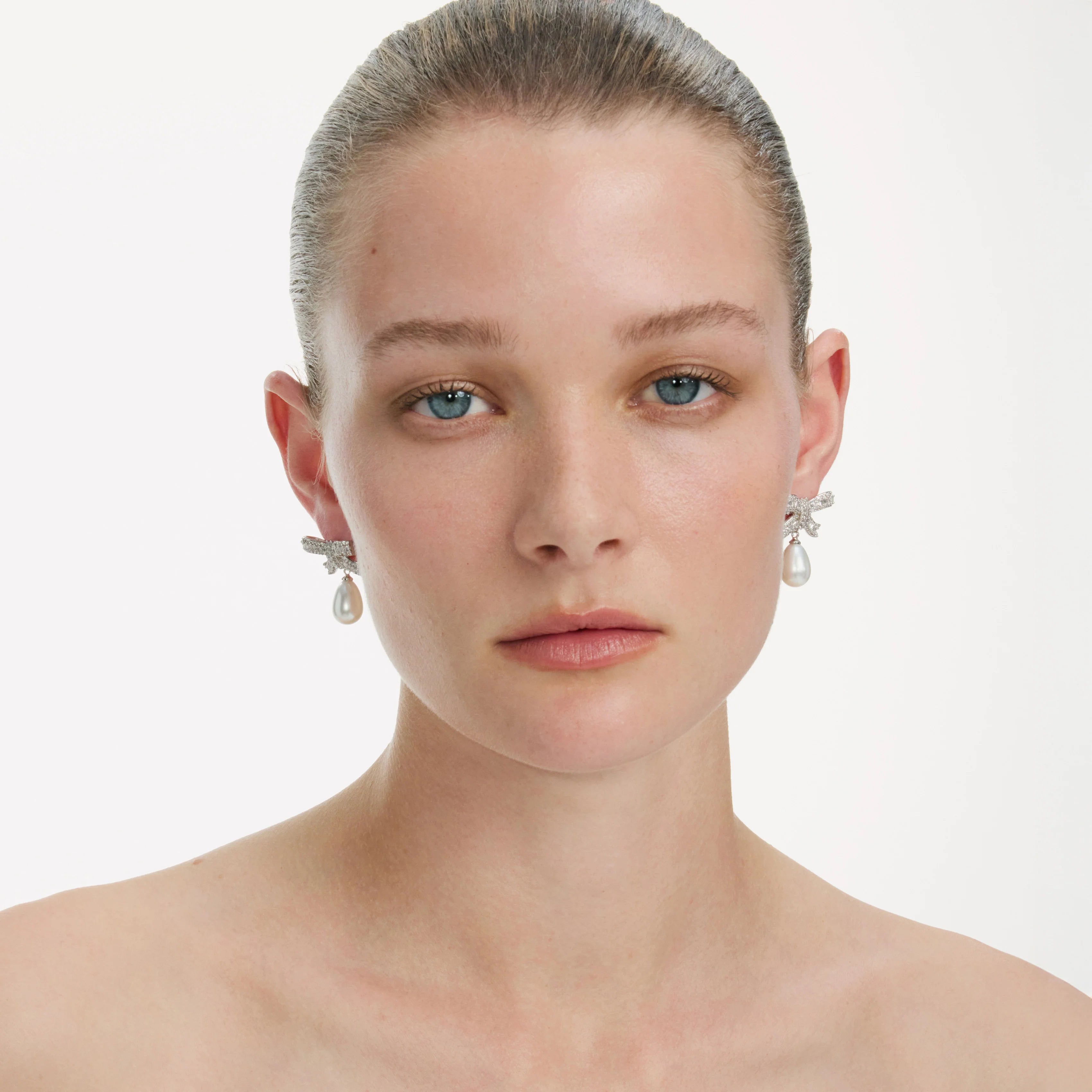 Crystal Bow Pearl Droplet Earrings